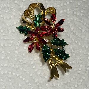 Vintage Gerrys Christmas Ribbon Poinsettia Holly Brooch Red Green Enamel Pin